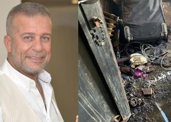 بالصور شريف منير ينجو من حريق كبير من منزله بسبب سيجارة