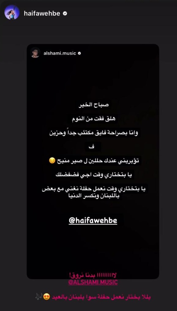 الشامي “مكتئب” وهيفاء وهبي تدخل على الخط… رسالة تفتح الباب لحفل مشترك في بيروت 2 WhatsApp Image 2026 01 30 at 1.49.02 PM
